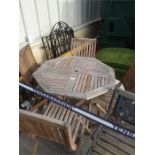 An octagonal folding garden table with four chairs