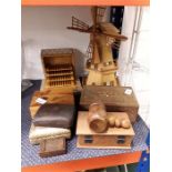 Wooden items to include cigarette box, boxes and a Windmill.