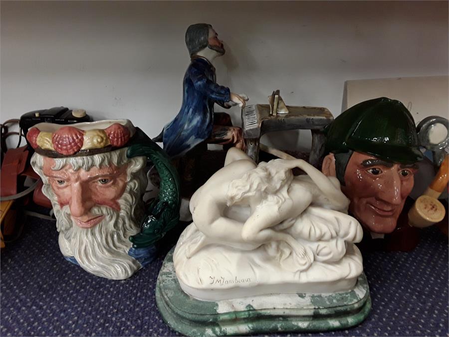 Two Royal Doulton jugs, Neptune and the Sleuth together with two other ornaments.