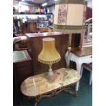 A brass and onyx occasional table with standard lamp and table lamp.