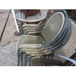 Four aluminium and wicker garden stacking chairs together with another four metal chairs.