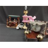 Mixed collectables to include a clock, unusual bartender set musical box and a lamp.