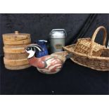 A mixed lot including a flour bin, a ceramic model of a Carolina Duck, two wicker baskets, etc.