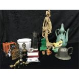 A mixed lot of china and metalware including a celadon ware, miniature Toby jugs, etc.