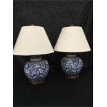 A pair of' Ralph Lauren table lamps in blue and white with cream linen shades. (20" high).