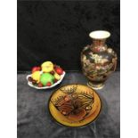 A Poole Pottery Aegean fish plate and two other items of pottery, a Kyoto vase decorated with