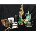 A mixed lot of china and metal ware including Celadon ware, miniature Toby jugs, etc.