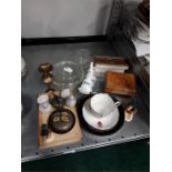 A quantity of mixed china Beswick duck, inlaid box, Pyrex 1953 , and glass etc.