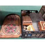 A box of various collectables to include old pinball game, cutlery, copper and brass, stationary