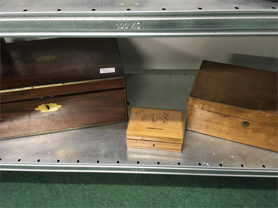 An early Victorian mahogany brass banded hinged wooden writing slope box together with two other