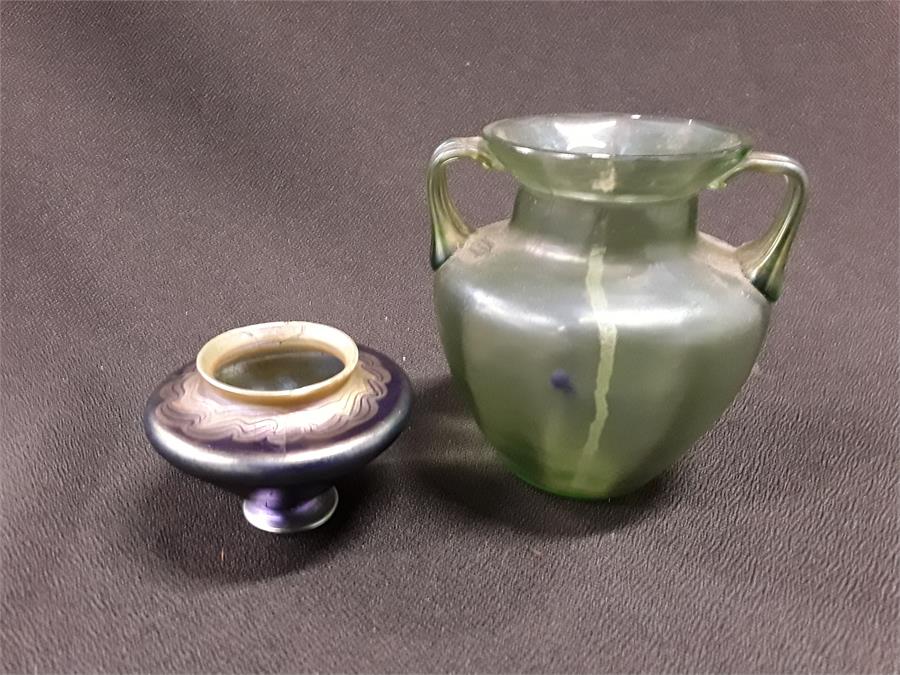 Two coloured glass vases (af).one Tiffany glass with a luster and irridence and a green glass ditto