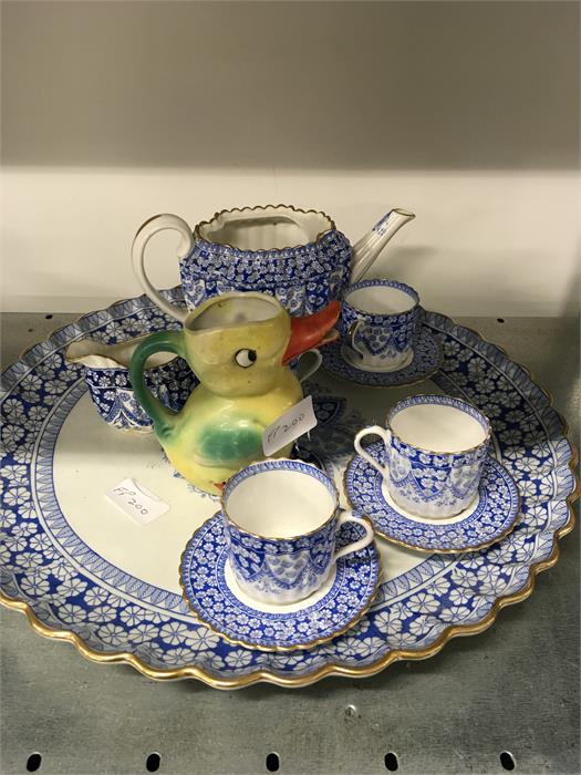 A blue and white Coalport part cabaret set to include large dish, server, plate, cups and saucers