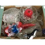 Two boxes of ornamental glassware decanters, vases etc.