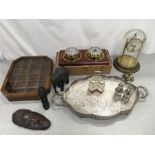 A barometer, an anniversary clock, silver plate tray together with other similar items.