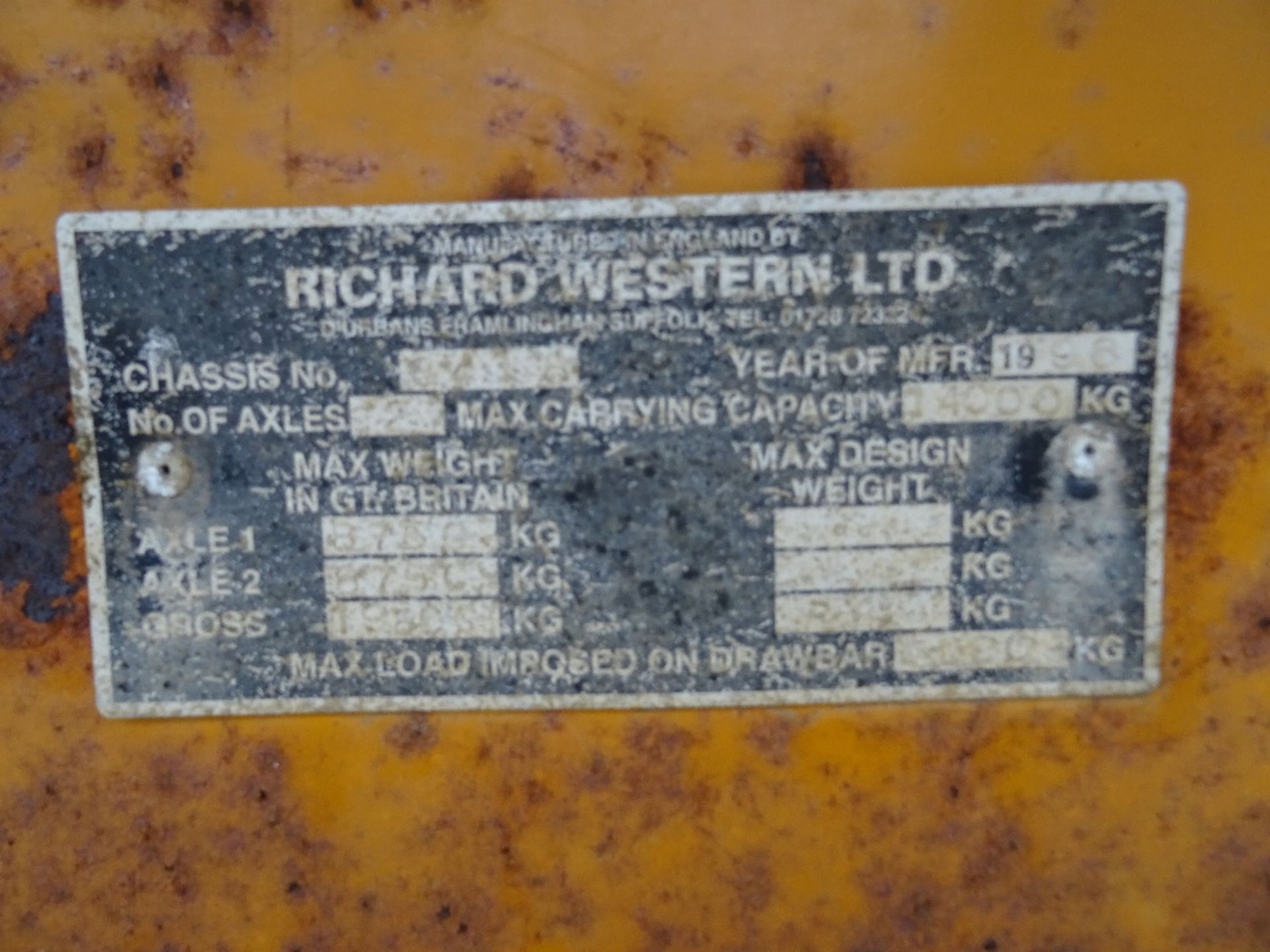 1996 Richard Western 14 Ton Trailer, Leaf Springs, Greedy Boards, Hydraulic Tailgate, Grain Chute, - Image 3 of 4