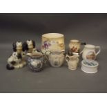 A Bonn porcelain planter with owl decoration, various tankards and C19th jugs, a pair of