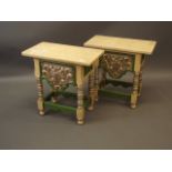 A pair of carved painted and silver leafed single drawer bedside tables, 21" x 12" x 22"