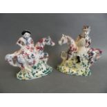 A pair of C19th Portobello pottery figures of riders on horseback decorated in bright enamels, 6½"