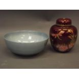 A Carltonware blue lustre glazed bowl, and a Carltonware Rouge Royale jar and cover, bowl 8"