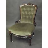 A Victorian Aesthetic parlour chair with walnut and inlaid ebonised frame, raised on turned supports