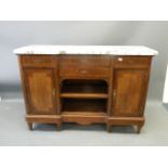 An Italian inlaid mahogany buffet with breccia violetta marble top and end cupboards flanking the