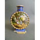 A Continental porcelain blue ground flask with painted decoration of figures and animals in farmyard