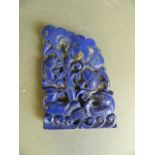 A Chinese lapis lazuli carved ornament with carp and waterfowl decoration, 4½" x 3"