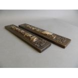 A pair of Chinese bronzed mixed metal scroll weights with bamboo, cicada, and calligraphy