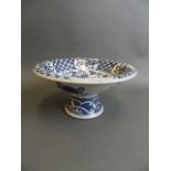 A Chinese blue and white porcelain stem bowl decorated with the eight Buddhist symbols and a