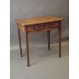 A C19th fruit wood single drawer side table, raised on square tapering supports, 30" x 18½" x 29"