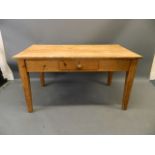 A C19th pine scullery table with single drawer, raised on square tapering supports, 29" x 54" x 29"