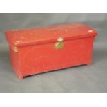 A C19th dome topped painted pine blanket box, original paint under, 16" x 35" x 16"