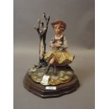 A Capodimonte porcelain figure of a girl with a bird, signed verso 'Sartori', mounted on a wood