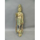 A Chinese carved and polychrome wood figure of Quan Yin, 38" high