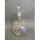 A Venetian twin handled glass decanter with painted enamel decoration of grapes and vine, 11" high