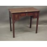 An C18th oak lowboy with moulded edge top and banded and cockbeaded drawers, raised on champfered