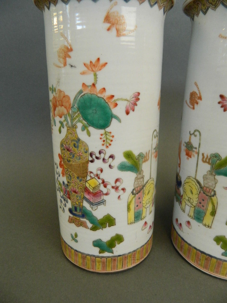 A pair of Chinese porcelain cylinder vases with enamel decoration of objects of virtue, seal mark to - Image 2 of 7