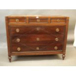 A late C18th/early C19th French mahogany commode of three over three drawers with carved bead