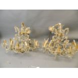 A pair of twelve branch cut glass chandeliers with lustre drops, ex Savoy, 32" diameter
