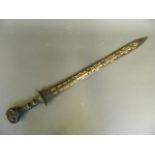 A Chinese archaic style bronze sword with inlaid mixed metal scrolling decoration, 8 character
