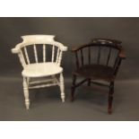 A Victorian elm smoker's bow elbow chair, and another similar but painted