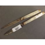 Two late C17th/early C18th tea knives with gold banded mother of pearl handles, 7" long