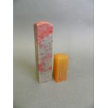 A Chinese chicken blood soapstone seal, together with an amber soapstone seal, largest 4"