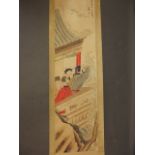 A Chinese watercolour scroll depicting figures in a temple and stork in flight, 18" x 67"