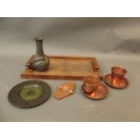 An Art Deco figured walnut tray, a quantity of copper, a bronze plaque, and a pewter vase, tray