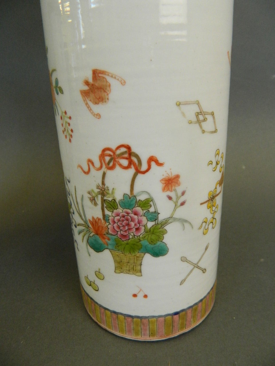 A pair of Chinese porcelain cylinder vases with enamel decoration of objects of virtue, seal mark to - Image 4 of 7