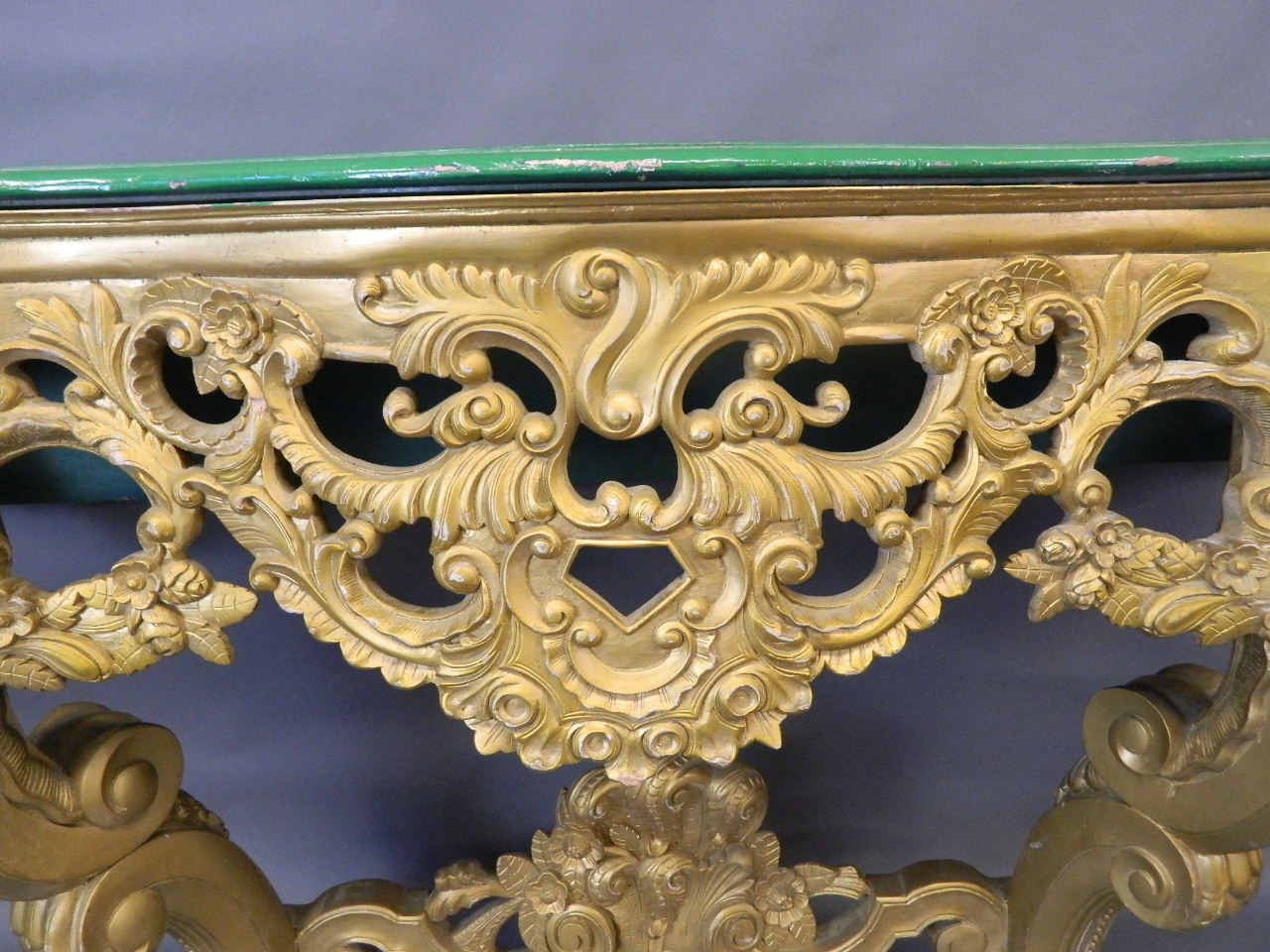 A pair of giltwood console tables with serpentine shaped and carved painted tops, 55" x 18" x 33" - Image 4 of 4
