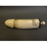 A C19th carved ivory table snuff box in the form of a phallus, 6" long