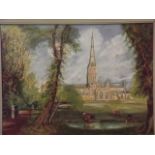 An oil on board of Salisbury Cathedral, after Constable, 23" x 17"