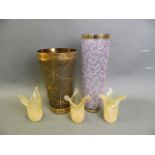 A set of three Murano hand blown yellow glass shades, together with two Bohemian glass vases,